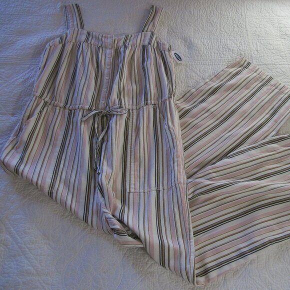 Old Navy Jumpsuit L Tall Striped Draw String Waist Linen Blend - Picture 1 of 8